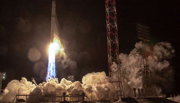 Zenit rocket carrying Angosat-1, the first national telecoms satellite for Angola, lifting off from the launch pad at the Russian-leased Baikonur cosmodrome, on December 27, 2017.