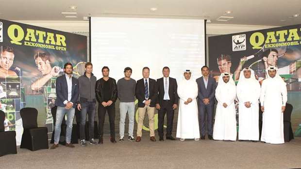 Qatar ExxonMobil Open Tournament Director Karim Alami (fourth from right) with other tennis officials and players during the draw ceremony yesterday.