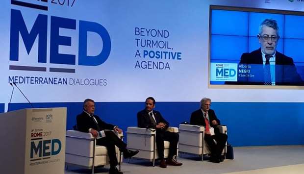 HE the Deputy Prime Minister and Foreign Minister Sheikh Mohamed bin Abdulrahman al-Thani participating in the Rome 2017 MED conference yesterday. Picture courtesy of Ministry of Foreign Affairs Twitter account.