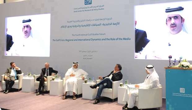 Qatar Media Corporation CEO Sheikh Abdurrahman bin Hamad al-Thani explaining a point as others look on at a panel discussion at the conference. PICTURE: T K Nassar.