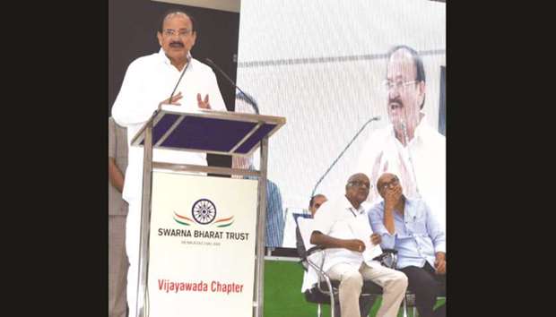 Vice-President M Venkaiah Naidu speaks after inaugurating a health camp in Vijayawada yesterday. Naidu urged the central and state governments to invest more in the healthcare sector and educate people to get health insurance.