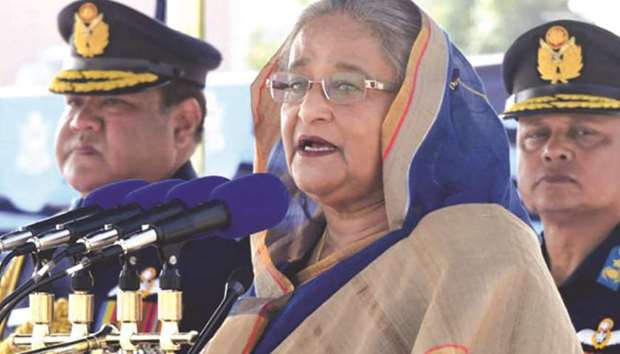 Prime Minister Sheikh Hasina speaks at the Bangladesh Air Force Academy Parade Ground in Jessore yesterday.