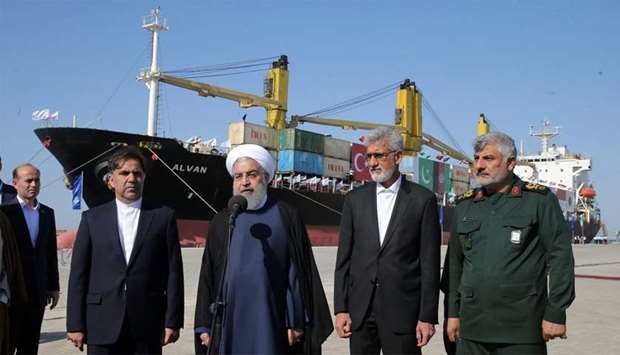 Iranian President Hassan Rouhani (C) inauguraiting the first phase of Chabahar (Shahid Beheshti) Port in the southern Iranian coastal city of Chabahar.