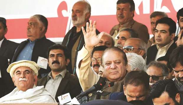 Sharif waving to supporters at a public rally in Quetta on Saturday.