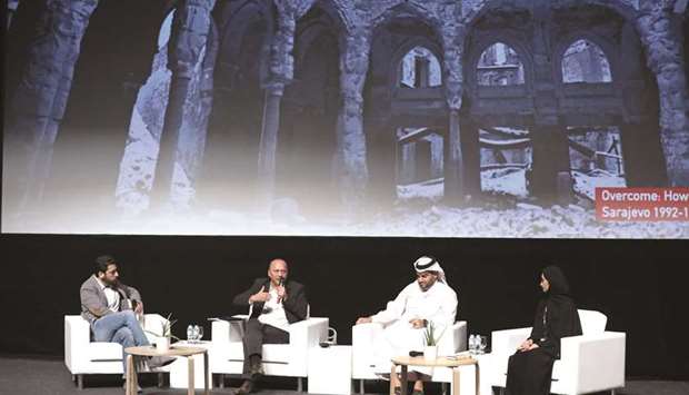 Moeed Ahmad, Mirsad Purivatra, Abdulaziz Yousef and Shoug Shaheen speak on stage at the u2018Overcome: How art beats adversityu2019 talks u2018during the Ajyal Youth Film Festival. PICTURE: Tim P Whitby/Getty Images