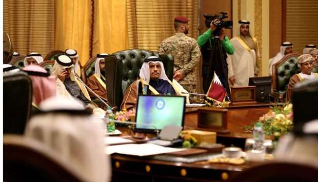 Qatar Foreign Minister HE Sheikh Mohammed bin Abdulrahman al-Thani  (C) attending the meeting of the Gulf Cooperation Council (GCC) of foreign ministers at the Bayan palace in Kuwait City. 