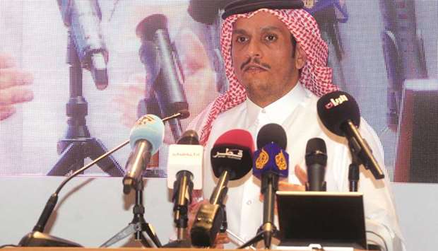 HE Sheikh Mohamed bin Abdulrahman al-Thani speaking at the Doha forum yesterday.