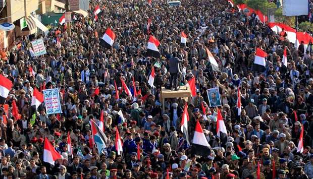 Supporters of Yemen's Huthi rebels attend a rally celebrating the death of Yemeni ex-president Ali Abdullah Saleh a day after he was killed, in the capital Sanaa on December 5, 2017.