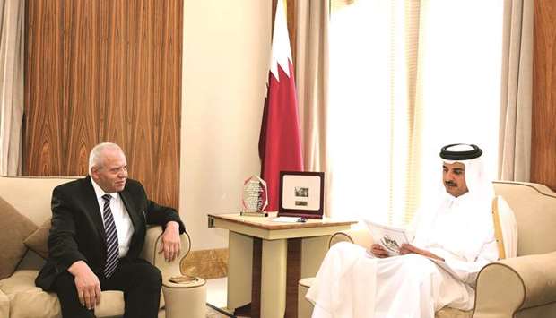 His Highness the Emir Sheikh Tamim bin Hamad al-Thani receiving the ambassador of Palestine to Qatar Munir Abdullah Ghannam yesterday.