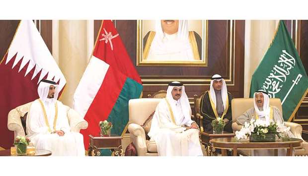 His Highness the Emir Sheikh Tamim bin Hamad al-Thani meeting the Emir of Kuwait Sheikh Sabah al-Ahmad al-Jaber al-Sabah at Bayan Palace in Kuwait. His Highness Sheikh Jassim bin Hamad al-Thani, the personal representative of His Highness the Emir is also seen.
