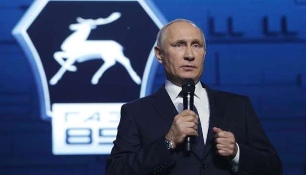 Russian President Vladimir Putin addresses workers of the GAZ factory in Nizhny Novgorod.