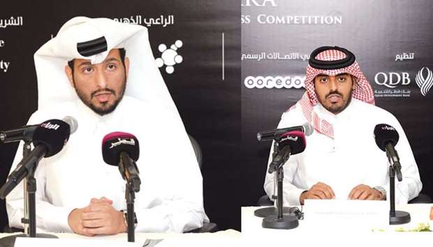 QDB executive director of Strategy & Business Development Hamad al-Kubaisi (left) and Ooredoo Qatar chief new business officer Sheikh Nasser bin Hamad bin Nasser al-Thani speaking at the press conference. PICTURES: Thajudheen
