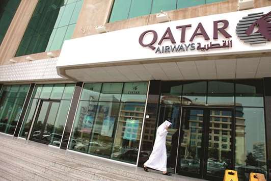 A logo is seen outside the headquarters of Qatar Airways in Doha. Qatar Airways is the first airline in the Africa and Middle East region and second globally to implement the latest version of NDC Level 3 Certification standard.