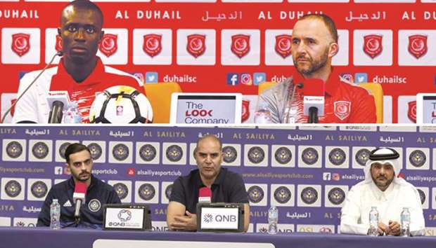 Al Duhail manager Djamel Belmadi (right) addresses a pre-match press conference ahead of their QNB Stars League match against Al Sailiya. (Below) Sailiyau2019s Tunisian coach Sami Trabelsi (centre).