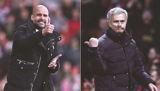 Manchester Cityu2019s manager Pep Guardiola (left) gesturing on the touchline during the EPL match against Southampton at St Maryu2019s Stadium in Southampton on April 15, 2017 and Manchester Unitedu2019s manager Jose Mourinho gesturing during the EPL match against Middlesbrough in Manchester on December 31, 2016. (AFP)