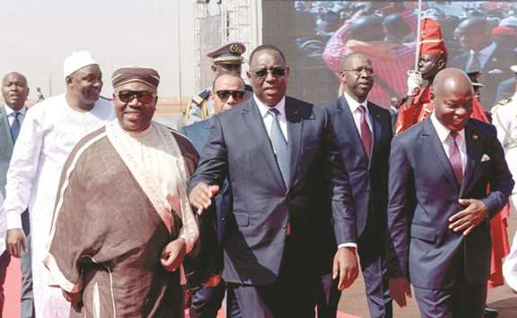 Senegalu2019s President Macky Sall (centre), Gabonu2019s President Ali Bongo (second left) Gambiau2019s President Adama Barrow (left) and Guinea-Bissauu2019s President Jose Mario Vaz (right) arrive to attend the inauguration ceremony of the Blaise Diagne International Airport yesterday.
