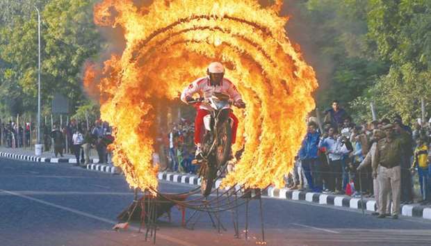 A member from armyu2019s military police performs a stunt during a military literature festival in Chandigarh yesterday.