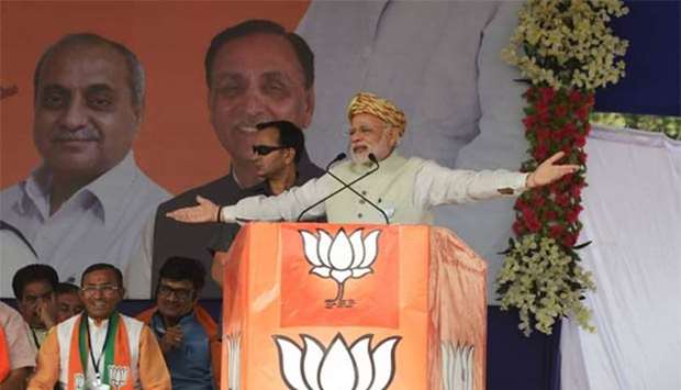 Indian Prime Minister Narendra Modi gesturing while addressing a Bhartiya Janta Party (BJP) rally at Surendranagar, some 130 km from Ahmedabad, earlier this week.