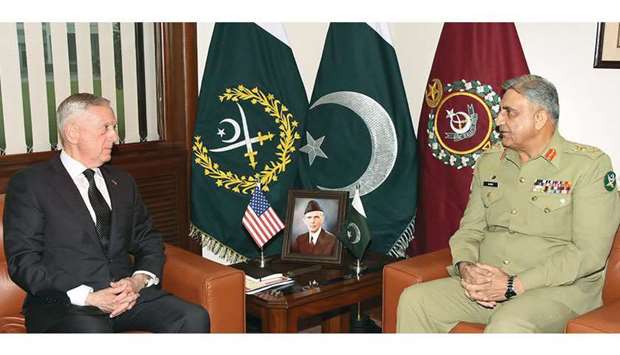This handout photo released by Pakistanu2019s Inter Services Public Relations (ISPR) this week shows Pakistani Army Chief General Qamar Javed Bajwa with US Defence Secretary Jim Mattis during their meeting in Rawalpindi.