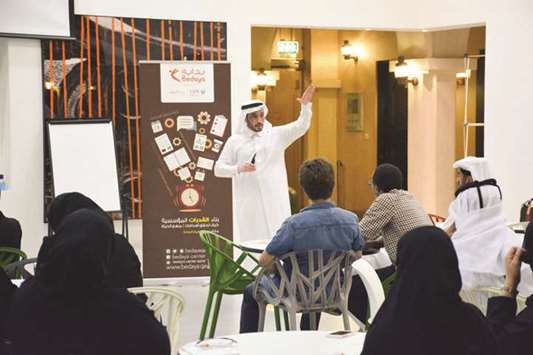 Engineer Ibrahim Mohamed al-Sada gestures while delivering the topic u2018How to Achieve your Goalsu2019 during a workshop organised by Bedaya Centre.