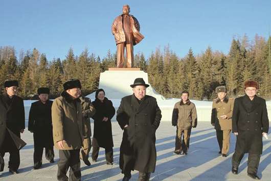 This undated picture released from North Koreau2019s official Korean Central News Agency (KCNA) yesterday shows leader Kim Jong-un visiting Samjiyon County in Ryanggang Province.