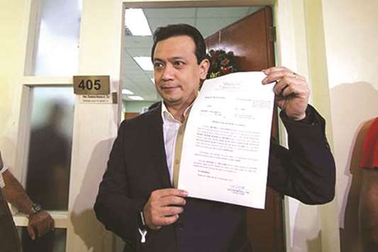 Senator Antonio Trillanes posts bail at the Pasay City Regional Trial Court Branch.