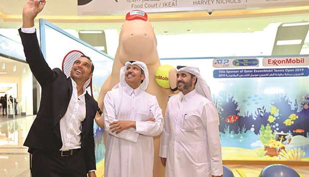 Qatar ExxonMobil Open tournament director Karim Alami (left); Saleh al-Mana, vice-president and director of Government and Public Affairs for ExxonMobil Qatar; and tournamentu2019s general co-ordinator Tareq Zeinal at the launch of promotional activities at Doha Festival City.