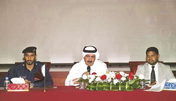 Qatar Cricket Association president Yousef Jeham al-Kuwari (centre) speaks to the media during a press conference in the presence of Ministry of Interioru2019s (MoI) Public Relations Officer Lt Hamad Ali al-Jahweel (left) and MoIu2019s Community Reachout Co-ordinator Faisal al-Hudawi yesterday.
