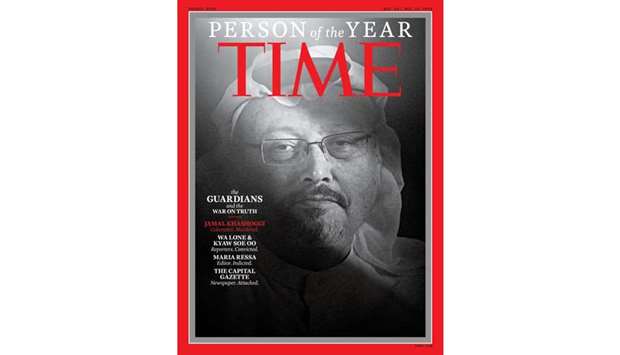 One of the four covers for Time magazine ,Person of the Year, edition featuring Saudi journalist Jamal Khashoggi, who was murdered in October at his country's Istanbul consulate.