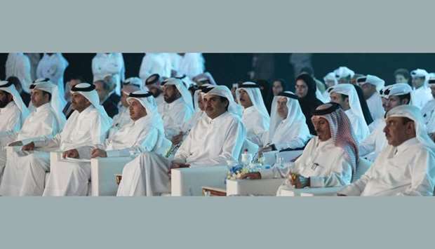 His Highness the Amir Sheikh Tamim bin Hamad al-Thani and other dignitaries attending the inauguration ceremony of Water Security Mega Reservoirs Project in Umm Slal Ali