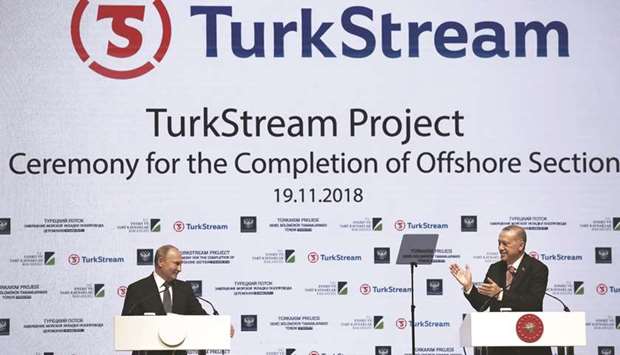 Turkeyu2019s president Recep Tayyip Erdogan (right) with Russiau2019s president Vladimir Putin during a ceremony to celebrate the TurkStream gas pipeline in Istanbul on November 19. TurkStream is part of the Kremlinu2019s plans to bypass Ukraine, currently the main transit route for Russian gas to Europe, and strengthen its position in the European market.