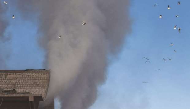 Seagulls fly past plumes of smoke from the Tmb Salario mechanical biological waste treatment plant, following a fire that broke out overnight at the plant on Via Salaria, northeast of Rome.