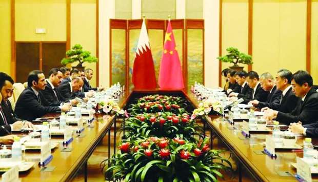 HE the Deputy Prime Minister and Minister of Foreign Affairs Sheikh Mohamed bin Abdulrahman al-Thani, and Chinese State Councilor and Foreign Minister Wang Yi chairing the talks in Beijing