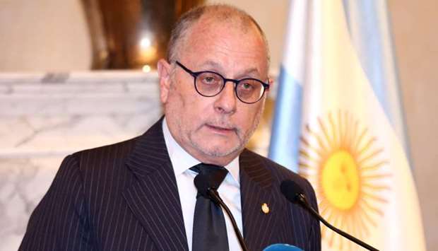 Argentina's Foreign Minister Jorge Faurie at the press conference in Doha