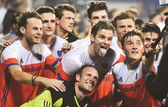 Netherlands players pose for a selfie as they celebrate their teamu2019s win over India in the 2018 Hockey World Cup quarter-final in Bhubaneswar yesterday. (AFP)