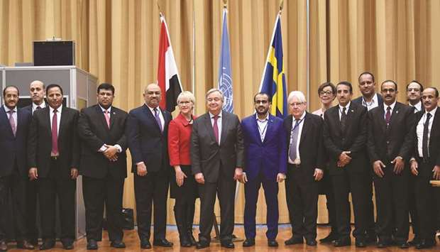 Yemenu2019s Foreign minister Khaled al-Yamani (fifth left), Swedenu2019s Minister for Foreign Affairs Margot Wallstrm (sixth left), United Nations Secretary General Antonio Guterres (centre), rebel negotiator Mohamed Abdelsalam (eighth right), UN special envoy to Yemen Martin Griffiths (seventh right) and negotiators of Yemenu2019s government and of the rebels pose during peace consultations in Rimbo, north of Stockholm, yesterday.