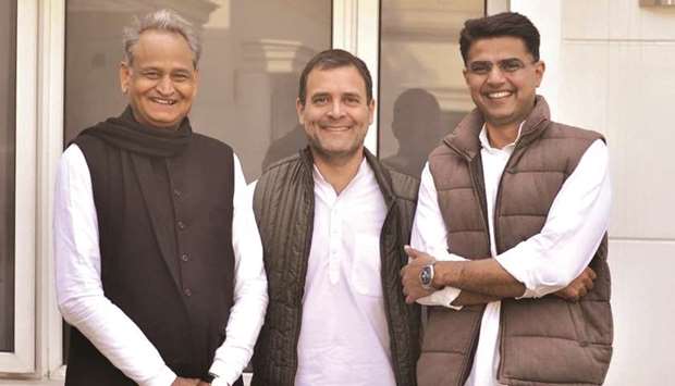Congress president Rahul Gandhi with party leaders Ashok Gehlot and Sachin Pilot in New Delhi yesterday.