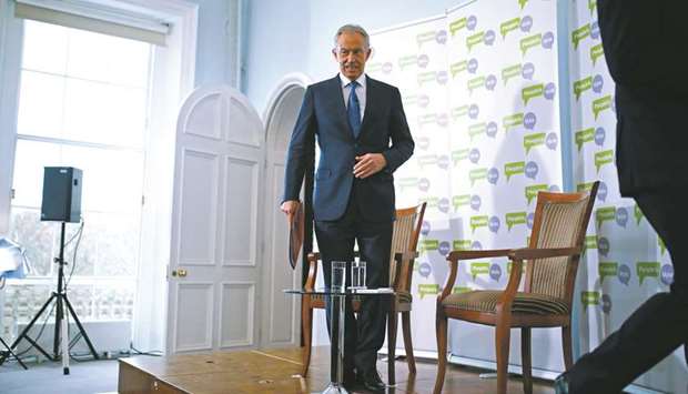 Former prime minister Tony Blair addresses the media at a news conference held by The Peopleu2019s Vote in London yesterday.