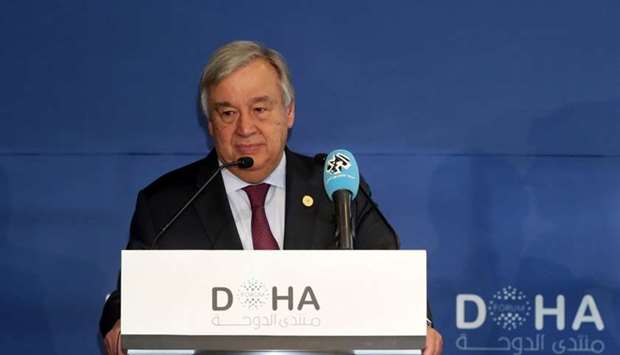 United Nations' Secretary General Antonio Guterres delivers a speech during the Doha Forum.