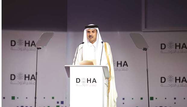 His Highness the Amir Sheikh Tamim bin Hamad al-Thani giving a speech after inaugurating the 18th Doha Forum at Sheraton Doha yesterday.