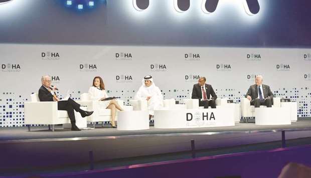HE the Deputy Prime Minister and Minister of Foreign Affairs Sheikh Mohamed bin Abdulrahman al-Thani with Somaliau2019s Prime Minister Hassan Ali Khayre; Maria Fernanda Espinosa Garces, President of the United Nations General Assembly; Romanian Foreign Minister Teodor-Viorel Melescanu; and Wolfgang Ischinger Chairman, Munich Security Conference, at the Doha Forum panel discussion.