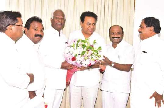 TRSu2019 newly-appointed working president K T Rama Rao being greeted by party leaders in Hyderabad yesterday.