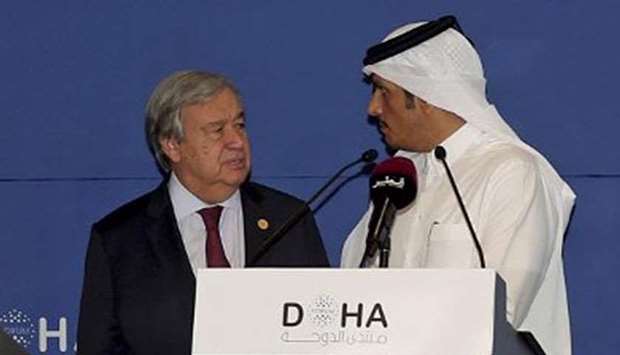 Qatar's Deputy Prime Minister and Foreign Minister HE Sheikh Mohamed bin Abdulrahman al-Thani and Antonio Guterres at the Doha Forum