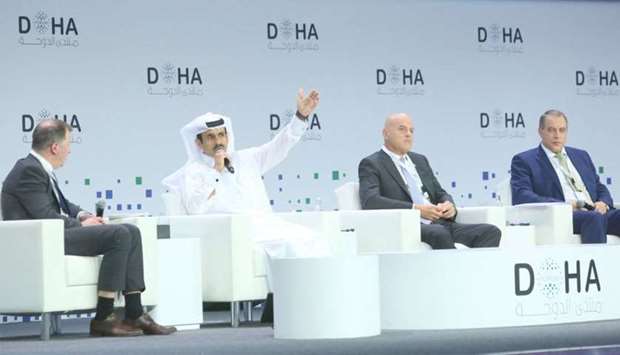 HE Saad Sherida al-Kaabi at a plenary session on u2018New age energy policy: a balancing actu2019 at the Doha Forum on Sunday. With him are Descalzi, Sentyurin and Zhdannikov. Picture: Jayan Orma.