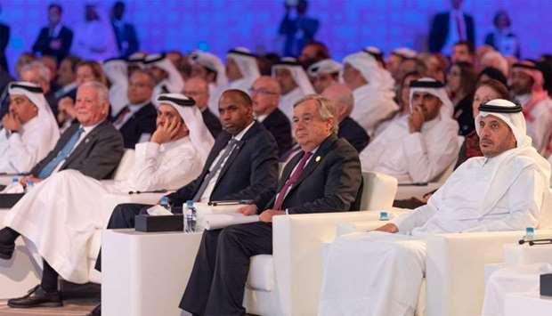 HE the Prime Minister and Interior Minister Sheikh Abdullah bin Nasser bin Khalifa al-Thani, HE the Deputy Prime Minister and Minister of Foreign Affairs Sheikh Mohamed bin Abdulrahman al-Thani, the UN Secretary General Antonio Guterres and other dignitaries at the closing session of the 2018 Doha Forum on Sunday.