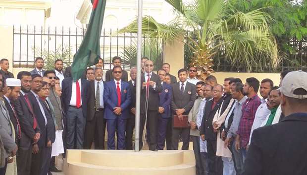 Ambassador Ashud Ahmed hoisting the national flag on the occasion of Bangladeshu2019s Victory Day yesterday.
