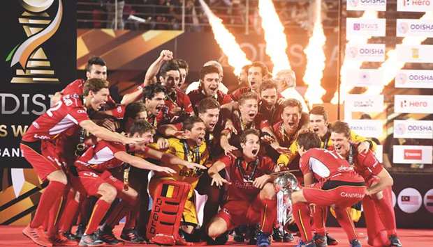 Belgiumu2019s players celebrate after winning the hockey World Cup in Bhubaneswar, India. (AFP)
