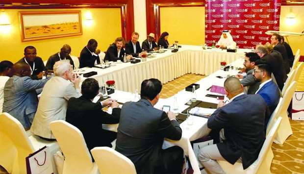 Akbar al-Baker addressing a global media roundtable hosted by Qatar Airways on the sidelines of the Doha Forum conference at the Sheraton Grand Doha Resort & Convention Hotel.