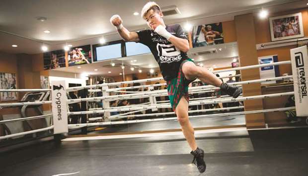 Japanese kickboxer Tenshin Nasukawa works out during a training session in Matsuda yesterday. (AFP)