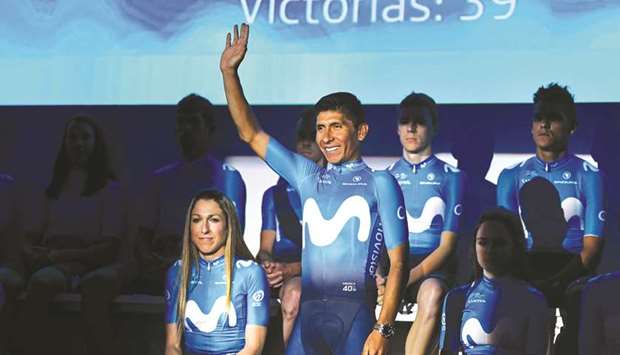 Team Movistaru2019s Colombian cyclist Nairo Quintana waves during the presentation of Spainu2019s Movistar Team 2019 in Madrid yesterday. (AFP)